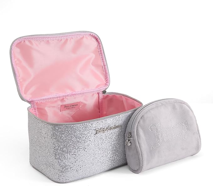 Juicy Couture Silver Sparkle Makeup Bag Set Cosmetics Organizer Travel Essentials Train Case Coin Purse Glitter Rhinestone Velour
