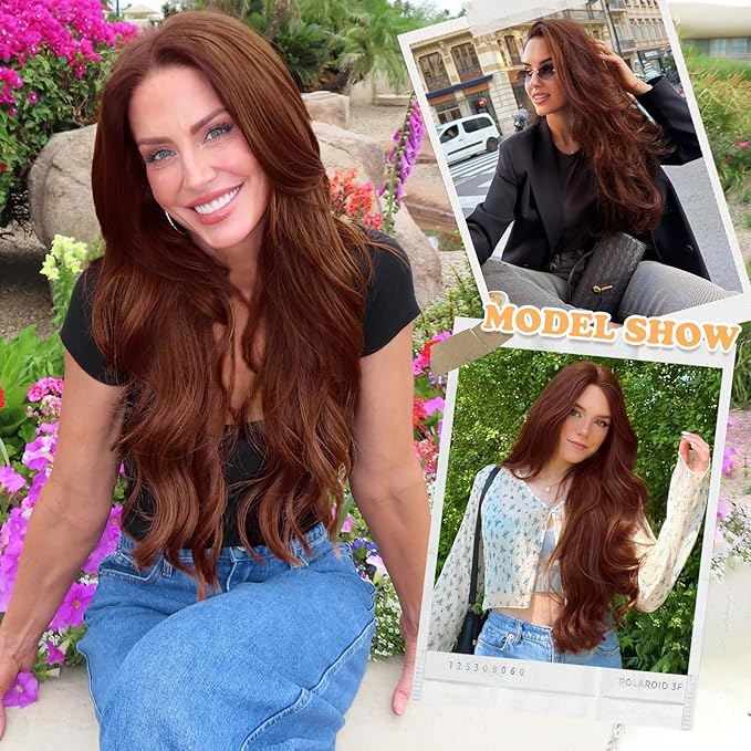 ALXNAN Long Wavy Layered Hair Extensions for Women, Clip in Hair Extensions Clip Ins Soft Full Head Synthetic Hairpieces 20 Inch Chestnut Auburn