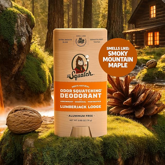 Dr. Squatch Natural Men’s Deodorant – Aluminum Free Natural Deodorant Men with Charcoal & Postbiotics for 72-Hour Odor Protection – Fresh Falls, 2.65oz Stick