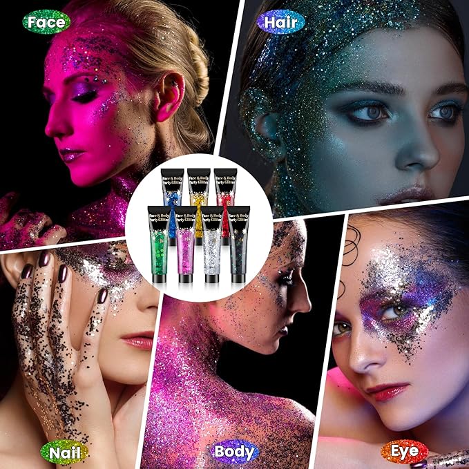 AROIC Face Glitter, 14Pcs Mardi Gras Accessories, Body & Hair Glitter Gel Sparkle Makeup for Women Party Rave Outfits, Concerts Festival Face Paint，Rave Accessories Music Festivals Black Light Party