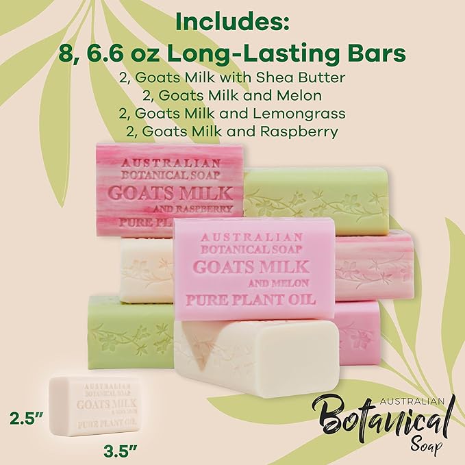 Australian Botanical Soap Goat Milk Soap Collection, 6.6 oz Bars, Goats Milk with Shea, Pink Melon, Lemongrass, and Raspberry, Enriched with African Shea Butter, 2 Bars of Each - Variety Pack of 8