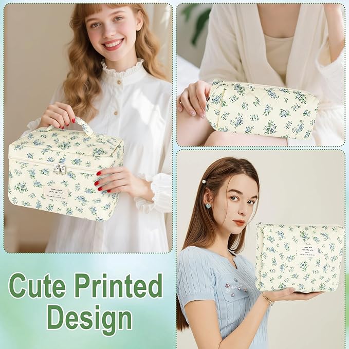 URSKYTOUS 3Pcs Makeup Bag Quilted Cotton Cosmetic Bags for Women Large Small Blue Makeup Pouch Set Cute Coquette Floral Travel Bags Portable Skincare Toiletry Bag Vintage Puffy Essential Organizer