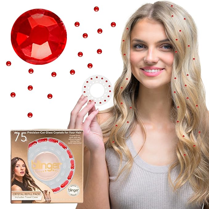 blinger® Shimmer Crystal Refill Pack – as seen on Shark Tank | 5 Discs – 75 Precision-Cut Glass Crystals | Hair-Safe Accessories | Styling Tool Not Included| Light Scarlet 4 mm