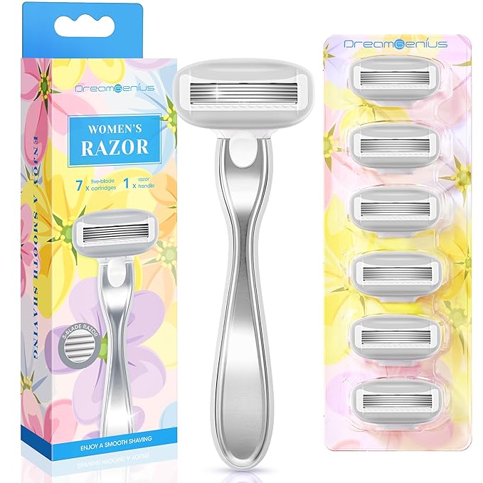 Razors for Women Include 1 Non-Slip Metal Handle and 7 Blade Refills, 5 Premium Blades Women's Razors for Shaving with 360° Lubrication Reduces Irritation, Silver