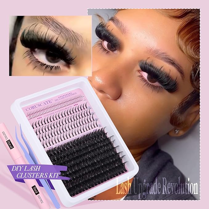 CORUSCATE 100D Lash Clusters Kit with Bottom Lashes Spikes DIY Lash Extension Kit Thick Cluster Eyelash Extensions 5-20mm Cluster Lashes Strips Eyelash Clusters Individual with Lashes Glue
