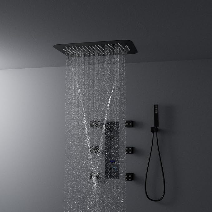 AYIVG Matte Black Thermostatic Rainfall Full Body Shower System With 2 In 1 Waterfall Rainfall Ceiling Mount 16 X 24 Inch Rain Shower Head 6 Jets Temperature Display Shower Faucet Set