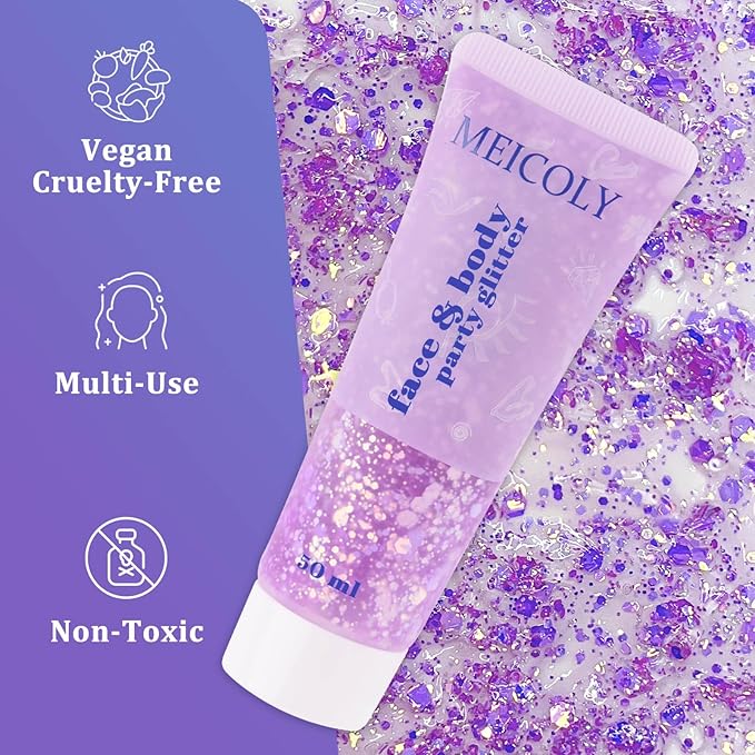 MEICOLY Chameleon Light Purple Hair Glitter,Holographic Chunky Face Body Glitter,Color Changing Mermaid Face Glitter,Self-adhesive Glitter Sequin for Face Body Hair,Festival Party Cheer Glitter Makeup