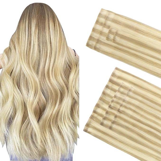 GOO GOO Invisi Edge Clip in Hair Extensions Set, 16inch 140g, 4pcs Injected Seamless PU Clip ins and 3pcs Classical PU Clip ins, Virgin Real Human Hair, #P18A/613A