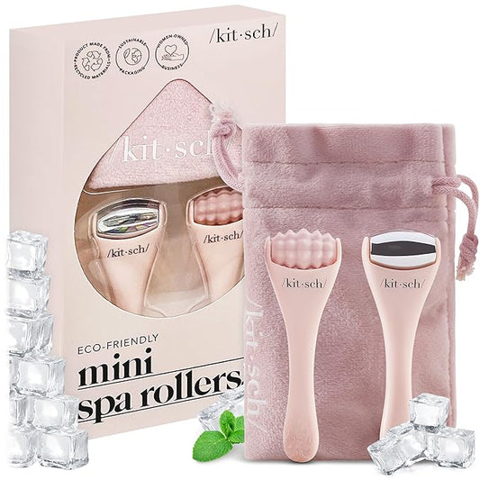 Kitsch Mini Facial Roller & Ice Face Roller Skin Care Tool Set for Women - Face Massager for Puffy Eyes, Cold Therapy, Lymphatic Drainage Massager, Self Care Gifts for Women & Men - Blush