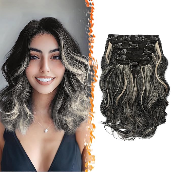 BARSDAR Black and Blonde Clip in Hair Extensions - Short Wavy Clip in Hair Extensions for Women - 12 Inch 6 PCS Voluminous Thick Soft Synthetic Beach Wave Black Blonde Highlights Hairpieces