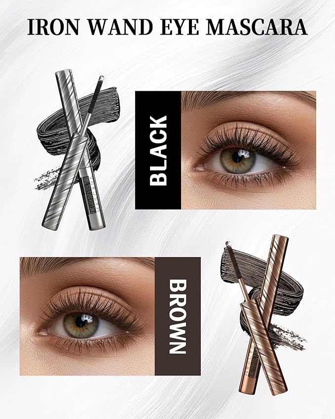 2 PCS Iron Wand Mascara, 3D Curling Eye Lashes, Black Brown Waterproof Mascara Volume and Length, Long Lasting Smudge-Proof, Metal Wand, Volumizing, Lengthening, No Flaking Tint, Women's Day Makeup