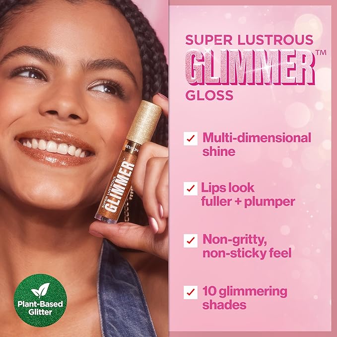 REVLON Super Lustrous Glimmer Gloss, Non-Sticky Lip Gloss, High-Shine Finish, Plant-Based Glitter, 009 Razz Beamy, 0.13 fl oz