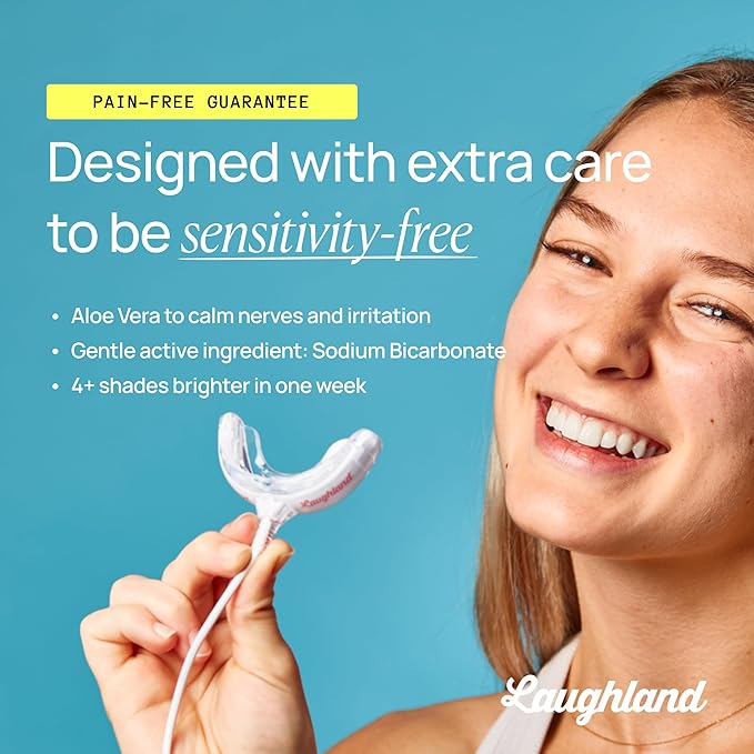 Laughland Sensitive Teeth Whitening Kit, Phone-Powered LED Mouthpiece & 3 Whitening Gel Syringes, Sodium Bicarbonate, Aloe Vera & Mint, Gentle Formula, at-Home Dental Care, 6+ Treatments