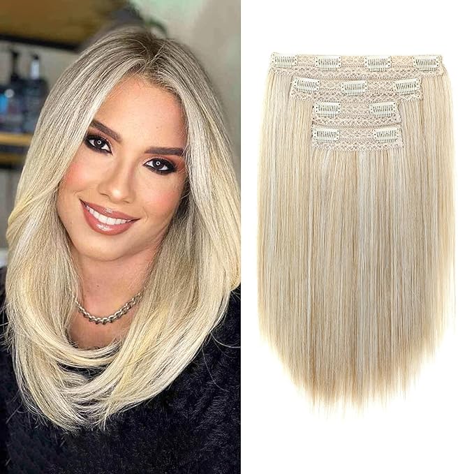 Hair Extensions, 14" Short Clip in Hair Extensions 4PCS Straight Natural Soft Synthetic Hairpiece for Women - Ash Blonde with Highlights