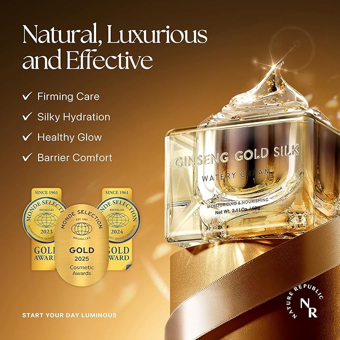 Nature Republic Ginseng Gold Silk Watery Cream 2.11 Oz(60g) | 6 Years Korean Ginseng, 99.9% Pure Gold Premium Skin Care, Anti-Aging Moisturizer, Wrinkle Care with Ginseng Saponins (60g)
