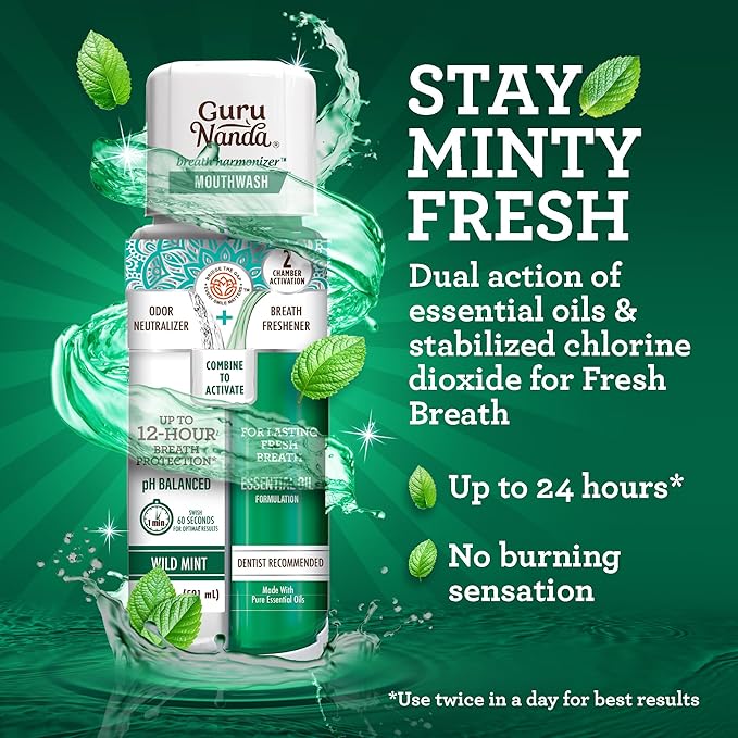GuruNanda Dual Barrel Breath Harmonizer Mouthwash - Freshens Breath - Alcohol & Fluoride Free with Sodium Chlorite & Essential Oils - Wild Mint Flavor, 20 Fl Oz