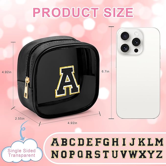 YOOLIFE Birthday Gifts Mini Initial Makeup Bag Travel Toiletry Bag, Clear Makeup Bag Car Accessories For Women Clear Makeup Bags With Zipper Girlfriend Teacher Girl Gifts Mini Graduation Gifts Black S