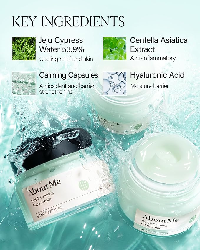 About Me SOOP Calming Aqua Cream – Korean 77.7% Jeju Cypress Water 100 Hour Moisture Cream for Sensitive Acne Skin – Daily Jelly Texture with Niacinamide – Korean Skin Care – 2.87oz, 85ml