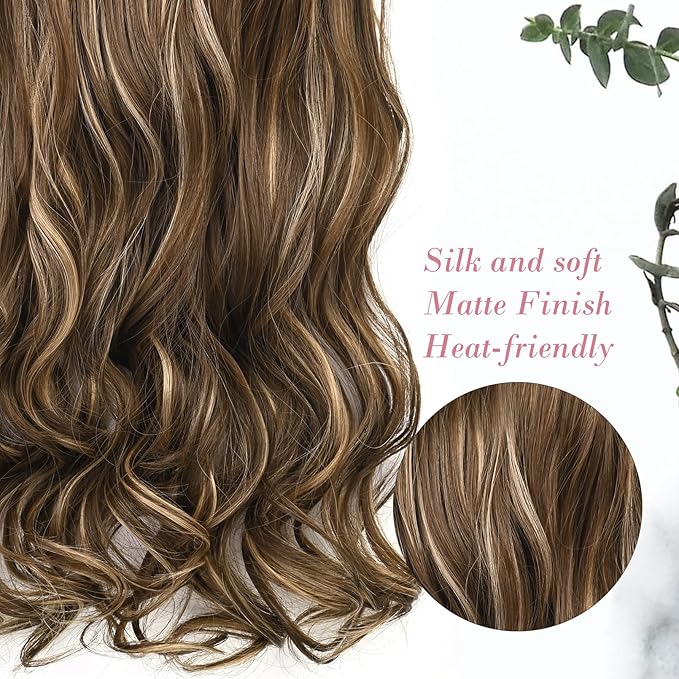 REECHO 20" 1-pack 3/4 Full Head Curly Wave Clips in on Synthetic Hair Extensions HE008 Hair pieces for Women 5 Clips 4.5 Oz Per Piece - Chocolate Brown with Blonde Highlights