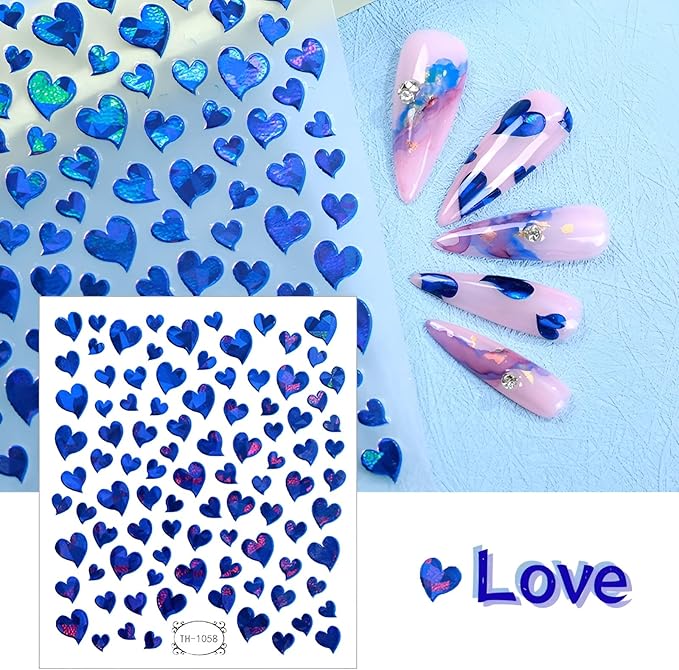 8 Sheets Heart Nail Art Stickers,Valentine's Day Nail Stickers 3D Self-Adhesive Nail Decals, Heart DIY Manicure Decoration Supplies Accessories for Women Girls