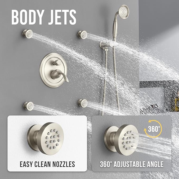 DASAN Antique Shower Faucet Sets Complete Rain Shower System in Wall with Body Shower Spray Jets, Brushed Nicke Shower Fixtures with Rainfall Overhead Shower, Handheld, Valve & Trim Kit, AT249W-BN