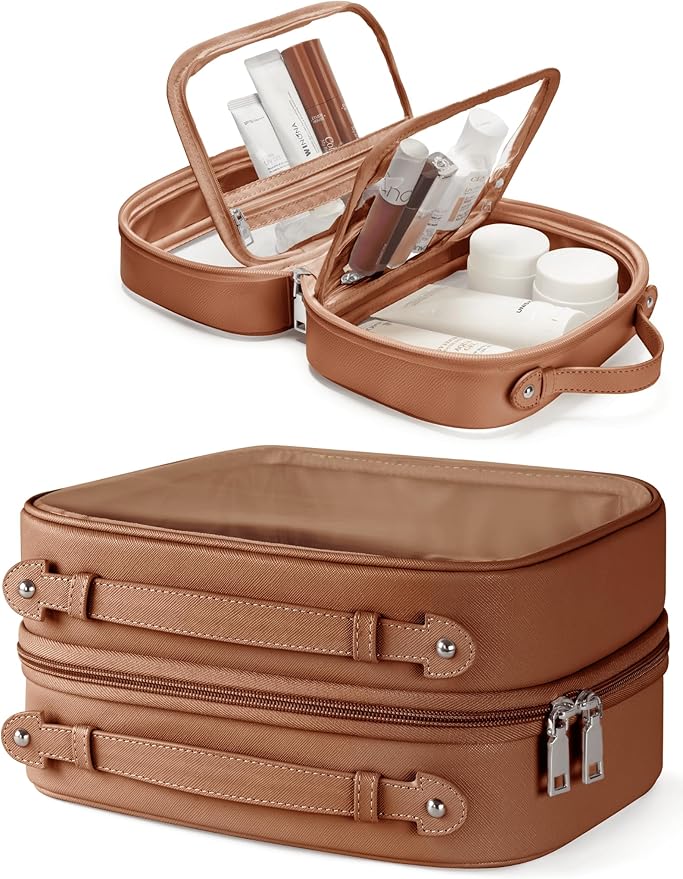 Oaque Clear Cosmetic Bag Double Layer Travel Toiletry Bag Clear Makeup Bag Case with 4 Compartments, Transparent Travel Bag for Toiletries, Large Toiletry Bag for Women Cosmetic Case (Brown, Large)