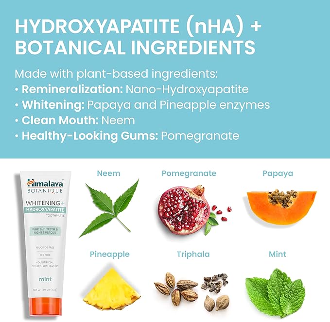 Himalaya Botanique Whitening + Hydroxyapatite Toothpaste, Mint Flavor - Nano Hydroxyapatite to Support Remineralization and Restore Enamel to Strengthen Teeth - Vegan, Gluten Free, 4 oz (Pack of 2)