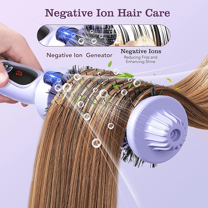 Thermal Brush, 1.5 inch Heated Round Brush Hair Curling Brush for Natural Curl, Straightener and Curler 2 in 1, Negative Ion Technology, 9 Temperature Settings, Dual Voltage for Travel, Purple