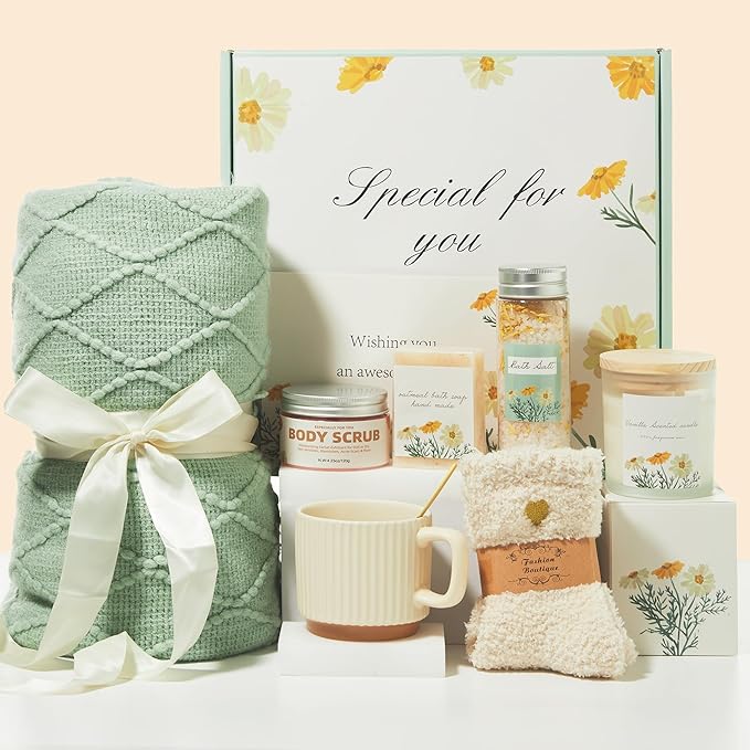 Deluxe Spa Self Care Gift Basket – Postpartum & Surgery Gifts, Home Spa Care Package with Body Scrub Bath Salt, Relaxing Birthday Get Well Box, Gifts to Cheer Her Up