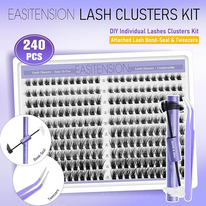 Lash Clusters 240 PCS Lash Clusters DIY Lashes Extensions Kit Soft Natural Eyelashes 10-16mm Individual Lashes Super Thin Band Eyelashes with Bond & Seal, Lash Tweezer Kit