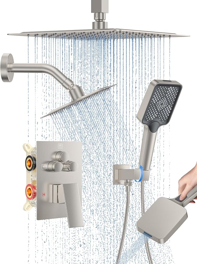 Shower Faucet Set, 10" Ceiling Mount Rainfall Shower System with 10'' Top Head+6'' Side Head and Multi-function Handheld Head Push Button Diverter Shower Faucet Trim Kit