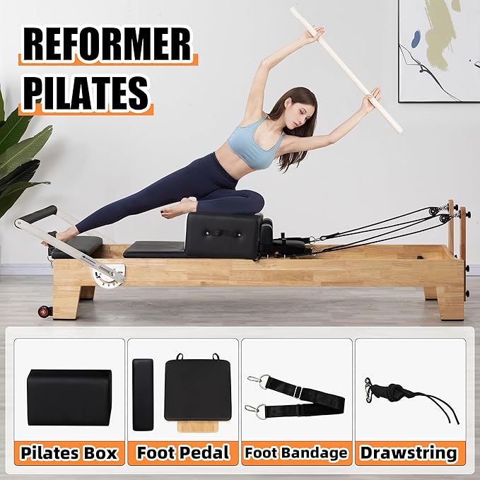 Pilates Reformer Machine, Wood Pilates Machine Bed Yoga Exercise Strength Training Equipment for Home Workout