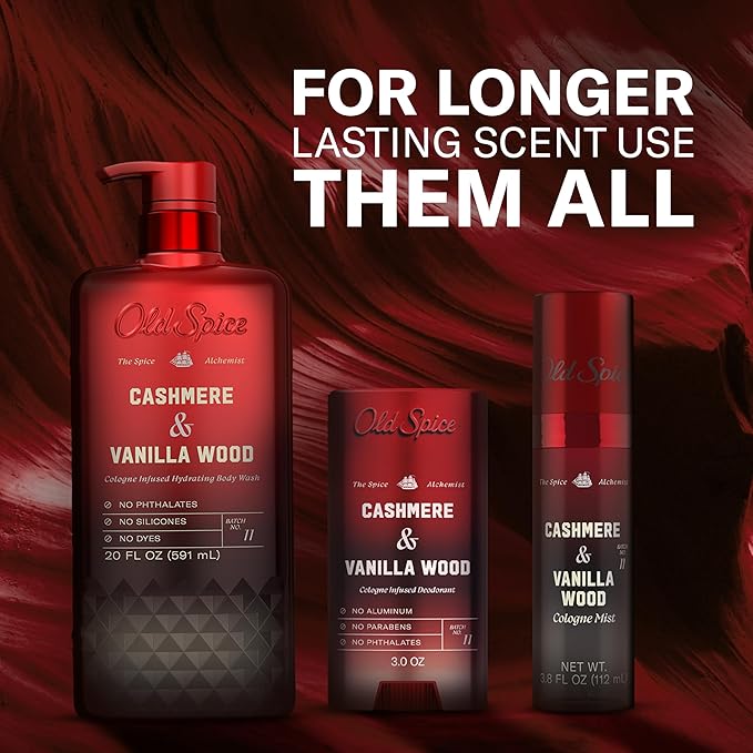 Old Spice Aluminum Free Deodorant for Men, The Spice Alchemist Collection, 24/7 Cologne Infused Scent, No Trade Off Formula, Free of Parabens & Phthalates, Cashmere + Vanilla Wood Scent, 3.0 oz