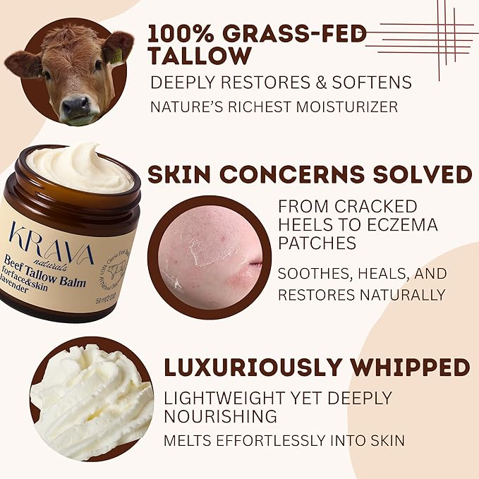 Krava Naturals Beef Tallow for Skin, Beef Tallow for Face, Whipped Tallow Balm, Beef Tallow Moisturizer - Tallow Face Moisturizer, Tallow Cream | 100% Grass Fed, Unscented, 2 oz