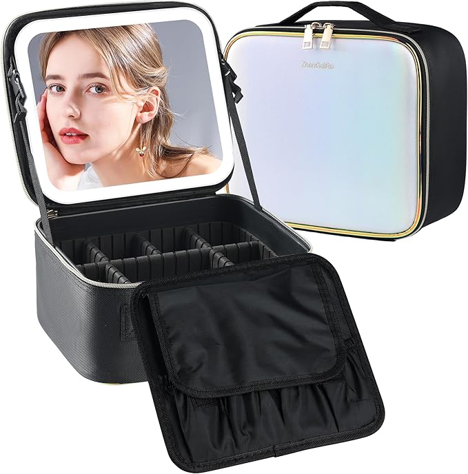 Gdsshuhung Makeup Bag with Mirror | Partitionable Professional Makeup Organizer | Large Travel Makeup Bag for Women | Cosmetic Case for Daily & On-the-Go Use (Colorful)