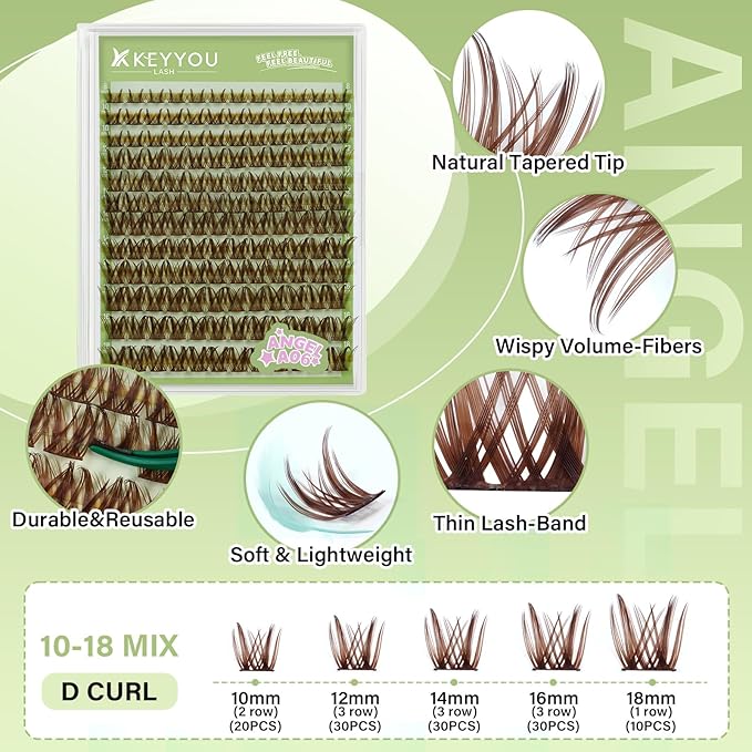 KEYYOU LASH clusters 144Pcs D Curl Angel Eyelash Extension Thick Wispy Natural Band Lash with Waterproof DIY Lash Extension at Home（Angel A06-D-8-18MIX）