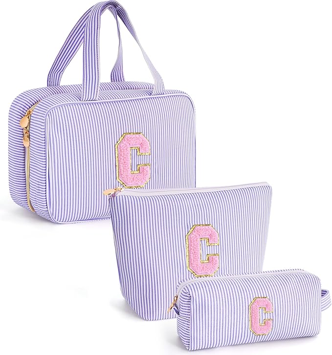 Fystdtote Cute Cosmetic Bag for Girls Women - Personalized Initial Makeup Pouch for Girlfriend Bridesmaid Wife | Travel Toiletry Bag for Her Mom | Birthday Preppy Stuff - Lavender C