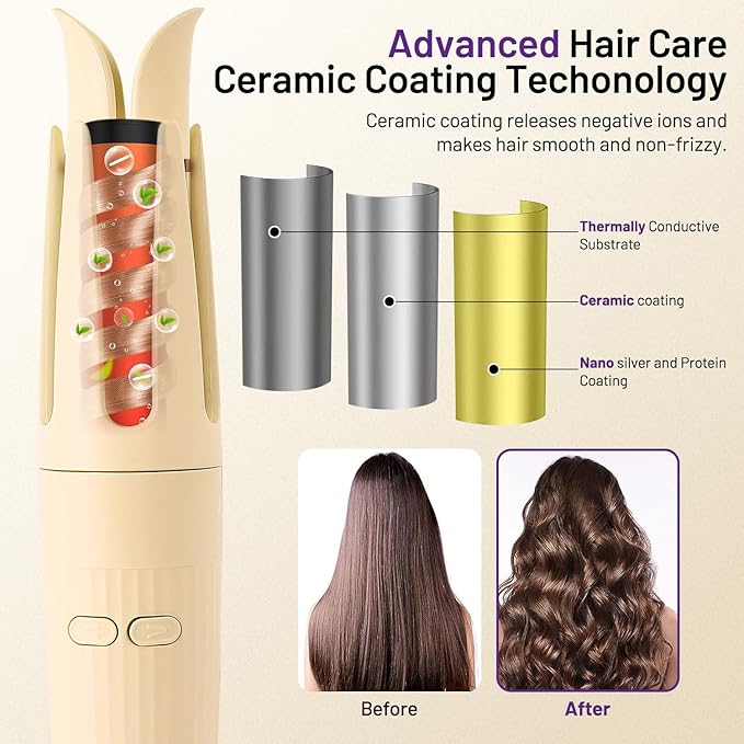 Automatic Hair Curling Iron Automatic Hair Curler Automatic Rotating with 3 Temperature Sets, Anti-Scald, Anti-Tangle Auto Curling Iron Rotating, Yellow
