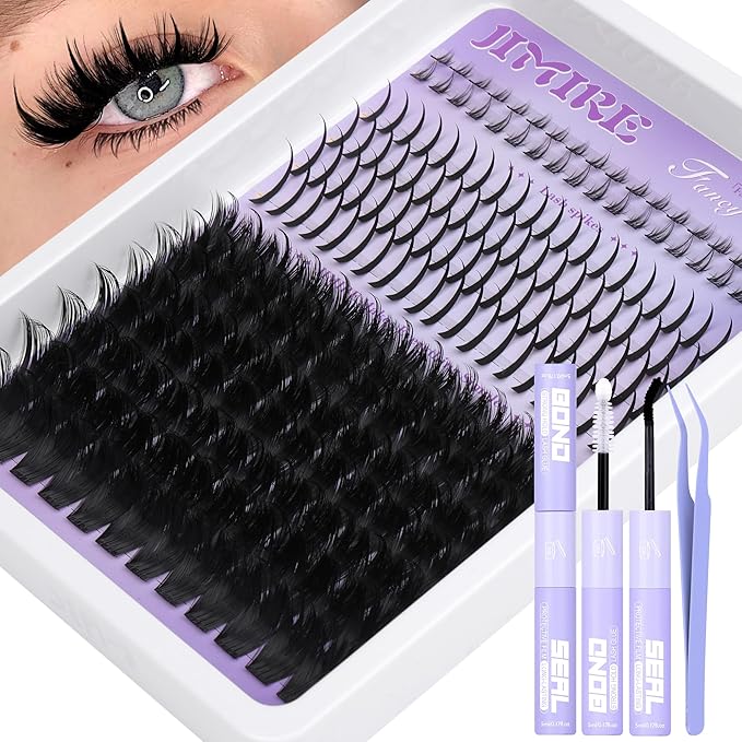 JIMIRE Volume Lash Clusters Kit 12-18MM D Curly Lash Extension Kit with Lash Bond and Seal Thick Fluffy Cluster Eyelash Extensions with Spiky Lash Clusters Bottom Lashes 216Pcs Pack