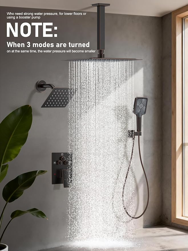 Shower Faucet Set, 10" Ceiling Mount Rainfall Shower System with 2 Rain Shower Head and Multi-function Handheld Head Push Button Diverter Shower Faucet Trim Kit