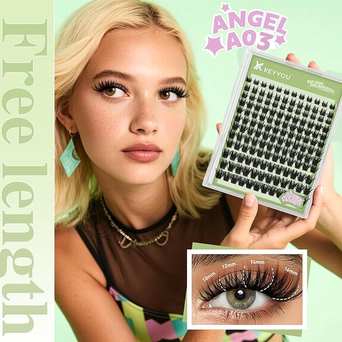 KEYYOU LASH clusters 144Pcs D Curl Angel Eyelash Extension Thick Wispy Natural Band Lash with Waterproof DIY Lash Extension at Home（Angel A03-D-8-18MIX）