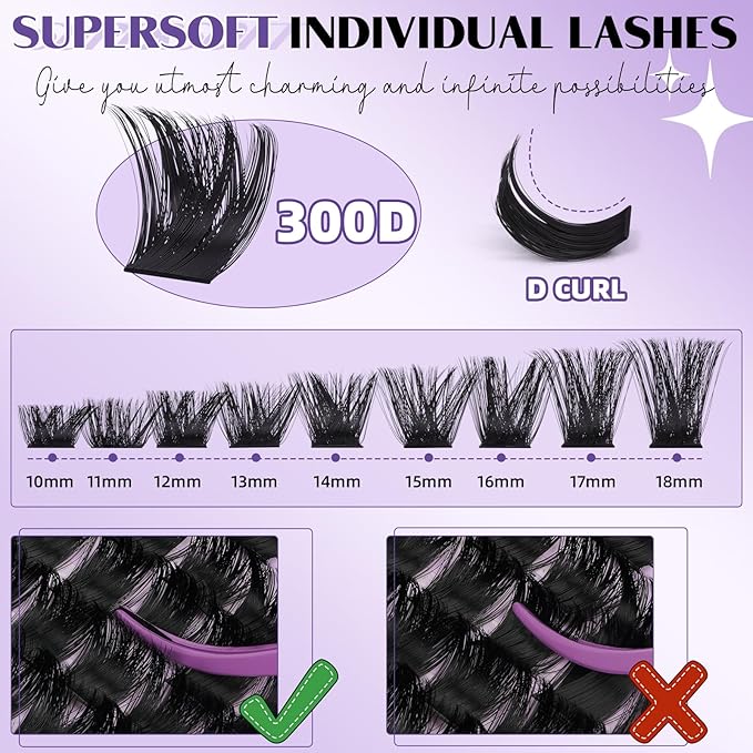 B&Qaugen Lash Clusters 300D Individual Lashes Eyelash Clusters Supersoft D Curl False Eyelashes 10-18 Mixed Eyelash Extension Wispy Volume Cluster Lashes DIY at Home(300D-10-18mm)