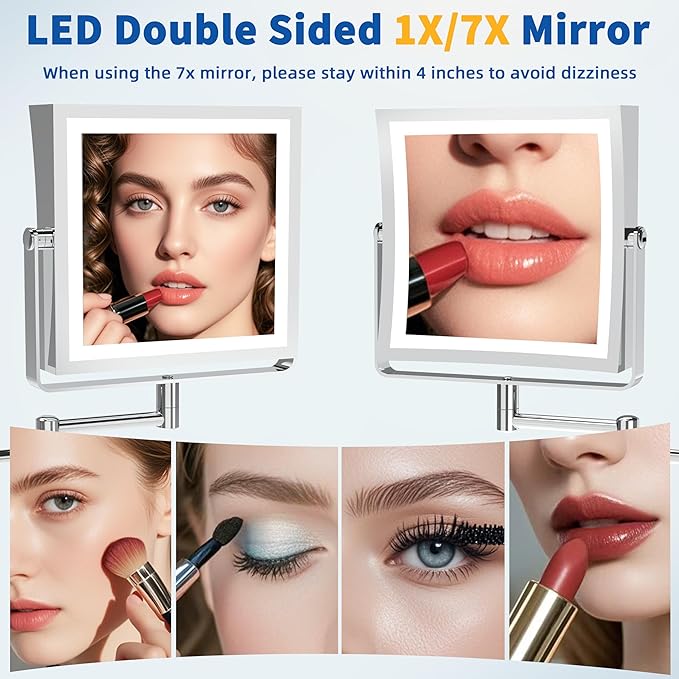 Ruacq Rechargeable Wall Mounted Makeup Mirror with Lights, Double Sided 1X/7X Magnifying Vanity Mirror with 3 Color Lighting, Touch Screen Dimmable, 360° Rotation Extension Foldable Arm(Chrome)