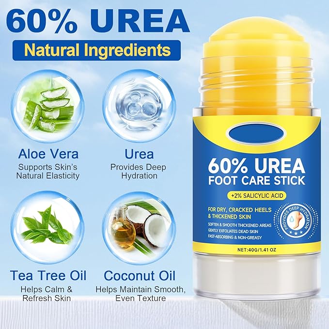 60% Urea Foot Cream Stick with 2% Salicylic Acid, Extra-Strength Cracked Heel Repair for Dry Feet & Calluses, Moisturizing Urea Cream Stick for Dead Skin Removal, Heel Balm for Rough Skin(2pcs)