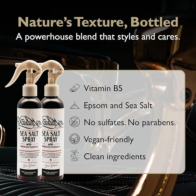 DandyMen Sea Salt Spray – Lightweight Texture, Volume, and Flexible Hold with Epsom Salt & Pro-Vitamin B5 (2-pack, Tobacco Vanilla)