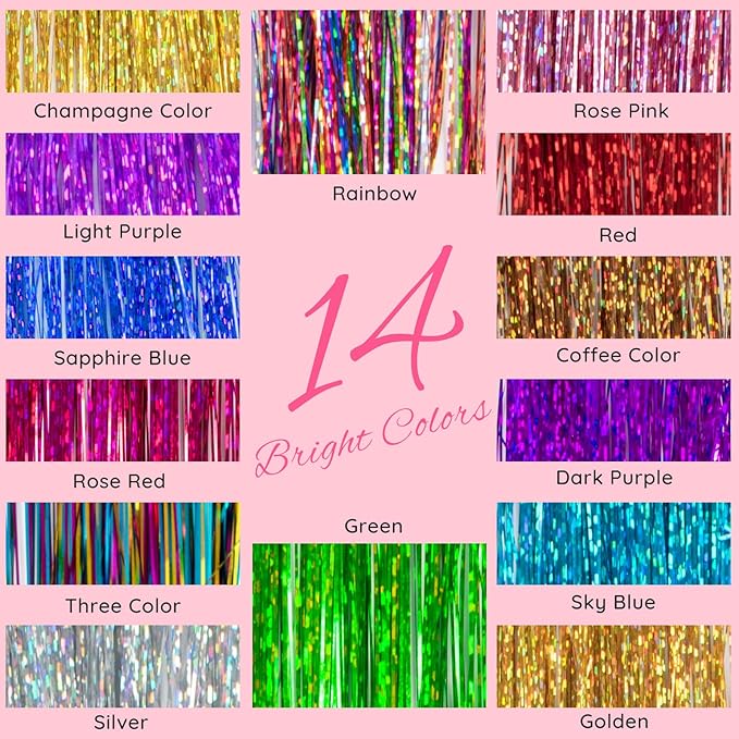 Clip In Tinsel Hair Extensions 14 Colors, 19.7 Inch Glitter Fairy Hair Tinsel Kit Clips, Sparking Hairpieces Colorful Hair Accessories for Girls Women Kids Gift Party Favors Highlights