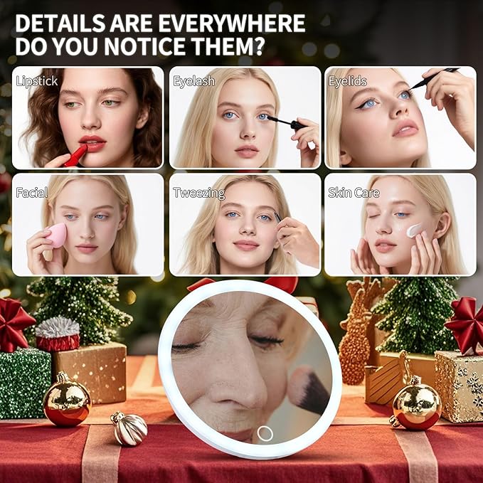 6" 10x Magnifying Mirror with Light Suction Cup,Led Close up Makeup Mirror with 360° Stand,3 Color Lighted Personal Mirror 10x,10 Times Functional Zoom Mirrors for Partial Details