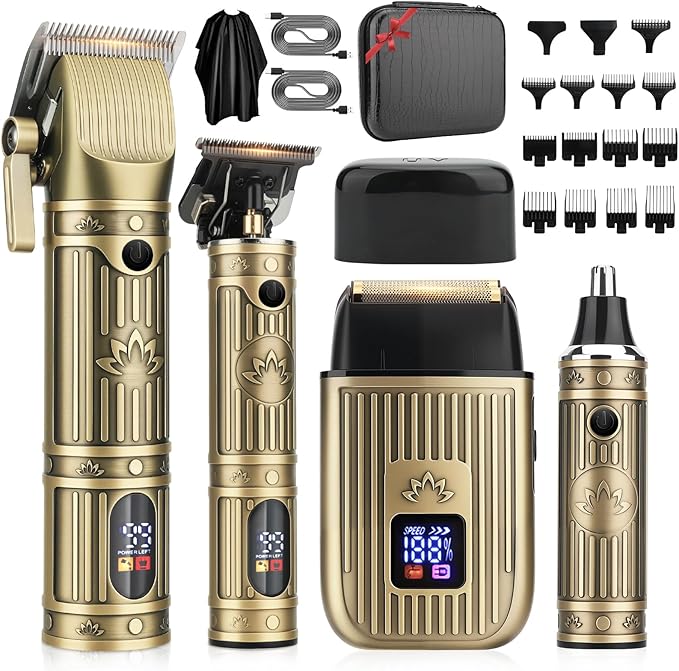 Hair Clippers for Men Professional, T-Blade Barber Clippers and Trimmer Set, 4 in 1 Mens Cordless Hair Clipper for Barber Kit, Foil Thaver and Nose Trimmer for Men with LED Display Gifts
