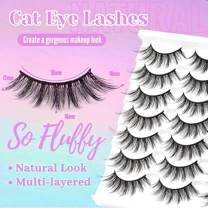 Losha Eyelashes Natural Look Faux Mink Lashes Pack Handmade Fluffy False Eyelashes 14 Pairs Cat Eye Lashes (54)