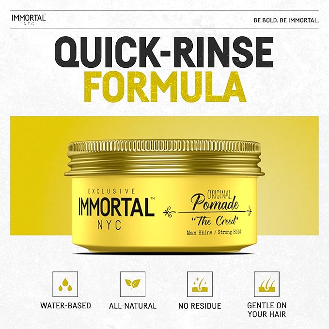 Immortal NYC The Creed Hair Pomade - Strong Hold, Max Shine, All Natural Water-Based Pomade for Men, No Residue, All Hair Types